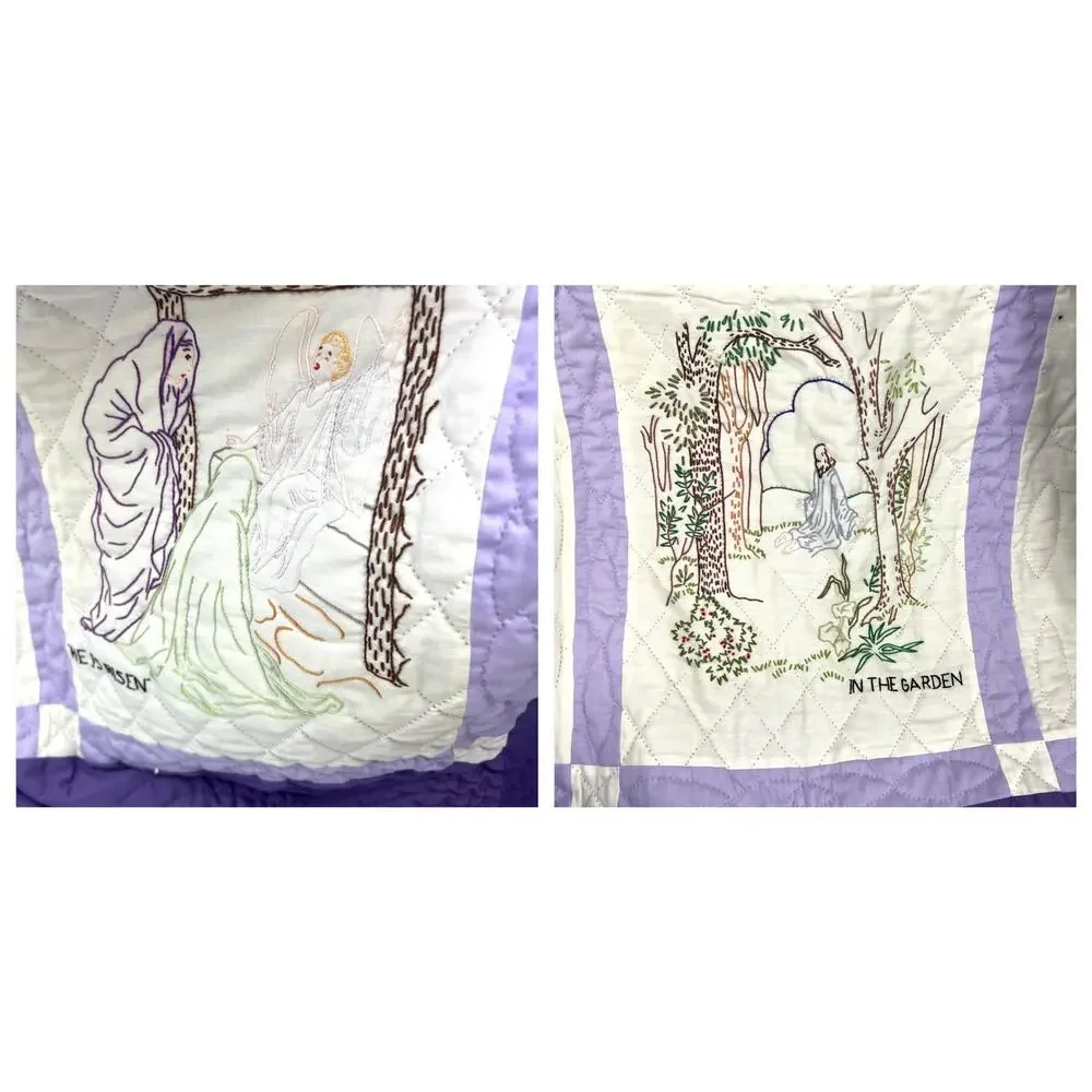 Vintage Hand Made Quilt Old Testament Embroidered Purple Border